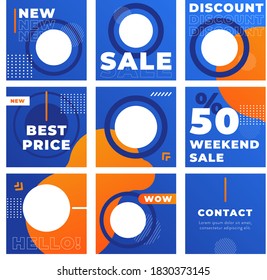 Blue&Orange Social Media Post Template for Digital Marketing and Advertising Sale Promo. Grid Puzzle Square Monochrome banner design. Set for Gym, Fitness, Fashion, Food dynamic.