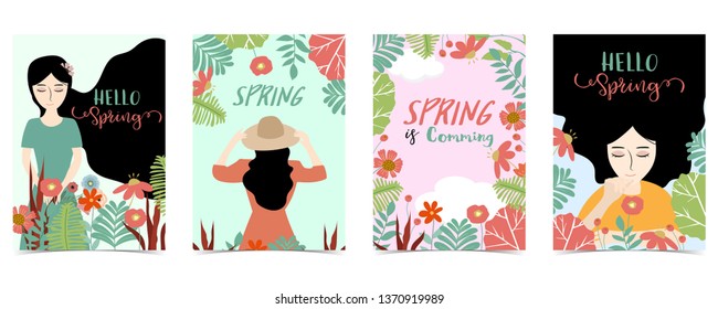 Blue,orange,green hand drawn seasonal postcard with women,flower and leaf
