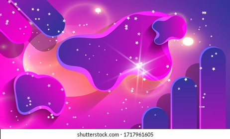 blue-pink abstract shapes with wavy edges and stripes with rounded corners, stars of different sizes, glare and glow. Bright colorful futuristic wallpaper. vector
