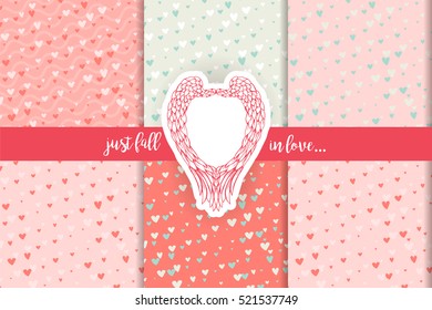 Blue,pink contrast patterns collection for scrapbooking.Cute doodle hearts scrap book backgrounds set and angel wings retro sticker.Valentines Day cards,gifts,wedding invitations,romantic design.