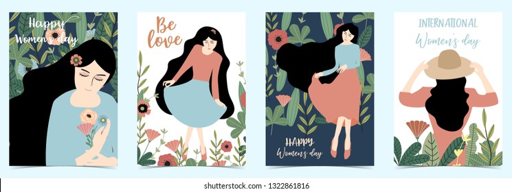 Blue,pink International Happy Women's Day with women,flower,hat and leaf