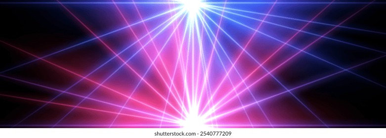 Blue-pink laser lights background. Color neon laser crossed beams isolated on black. Nightclub, disco, dance club, show, concert stage with illumination. Abstract futuristic vector illustration.