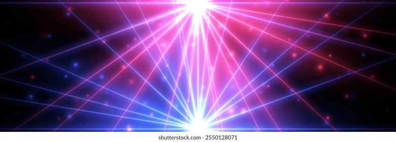 Blue-pink laser lights background. Color neon laser crossed beams isolated on black. Nightclub, disco, dance club, show, concert stage with illumination. Abstract futuristic vector illustration.