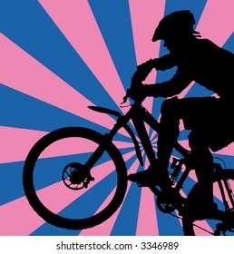 blue-pink retro background with mountain biker (vector eps format)