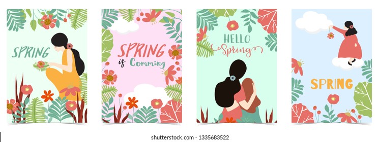 Postal de primavera azul, rosa, verde dibujada a mano con mujeres, hija, flor y hoja