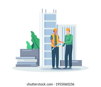 Blueprint agreement construction concept. Builders team shaking hands, Negotiation deal agreement project. Construction project manager shaking hands after approved deal project. Vector in flat style