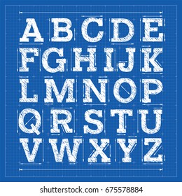 Blueprint alphabet. Technical font. Architecture slab serif typeface. 