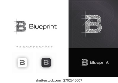 Logotipo de arquitecto, boceto técnico, tipo de logotipo arquitectónico, letra de cuadrícula B. Monograma de la empresa constructora de edificios, bienes raíces, marca de ingeniero arquitecto con fuente de alfabeto. Ilustración vectorial