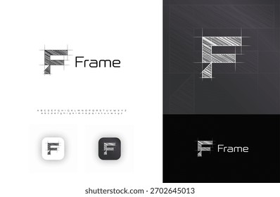 Blueprint Architect Logo, Technical Sketch Architectural LogoType, Grid Letter F. Building Construct Company Monogram, Real Estate, Architect Engineer Branding with Alphabet Font. Vector Illustration