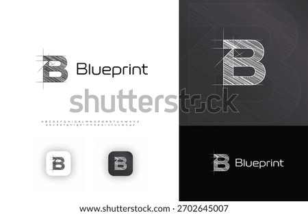 Blueprint Architect Logo, Technical Sketch Architectural LogoType, Grid Letter B. Building Construct Company Monogram, Real Estate, Architect Engineer Branding with Alphabet Font. Vector Illustration