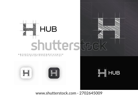 Blueprint Architect Logo, Technical Sketch Architectural LogoType, Grid Letter H. Building Construct Company Monogram, Real Estate, Architect Engineer Branding with Alphabet Font. Vector Illustration