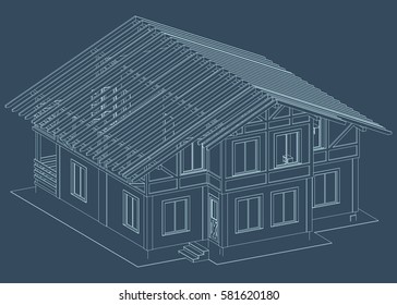 The Blueprint Of Architectural Design Of Half-timbered Residential House With The Rafters Of The Roof, Terrace And Balcony. Vector.
