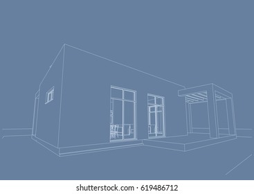 The blueprint of architectural design of half-timbered residential house with the  terrace and indoor parking. Vector.