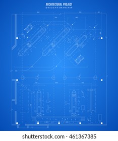 blueprint of the architectural plan for car service station, technical drawing of the construction draft on a blue background. stock vector illustration
