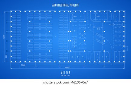 blueprint of the architectural plan for trucking company, technical drawing of the construction draft on a blue background. stock vector illustration