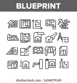 Blueprint Architecture Collection Icons Set Vector. House Project On Blueprint, Brick Wall With Construction Spatula, Hammer And Puncher Concept Linear Pictograms. Monochrome Contour Illustrations