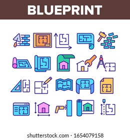 Iconos Set Vector de colección de arquitectura Blueprint. Proyecto De Casa Sobre Planta Azul, Pared De Ladrillo Con Espatula De Construcción, Martillo Y Pictogramas Lineales De Concepto Puncher. Ilustraciones de color