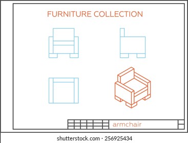 Blueprint Of An Armchair, Vector. Front View, Top View And Side View. Isometric Projection Of A Modern Chair.