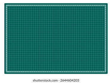 Blueprint background. Green cutting mat with grid lines and numeric measurements. Technical backdrop for blueprint, architecture, engineering, or drafting projects. Realistic vector illustration.