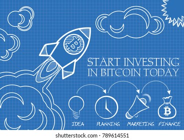 Blueprint of Bitcoin Rocket Ship Launching Into Space.  Bitcoin growth concept. Vector illustration in flat style.