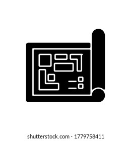 Blueprint black glyph icon. Architect floor plan. Construction project structure. Schematic draft and development presentation. Silhouette symbol on white space. Vector isolated illustration