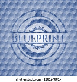 Blueprint blue emblem with geometric pattern background.
