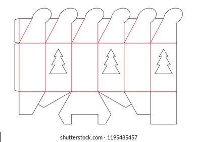 Blueprint box with christmas tree. Empty template die cut. Vector black isolated circuit christmas box. 