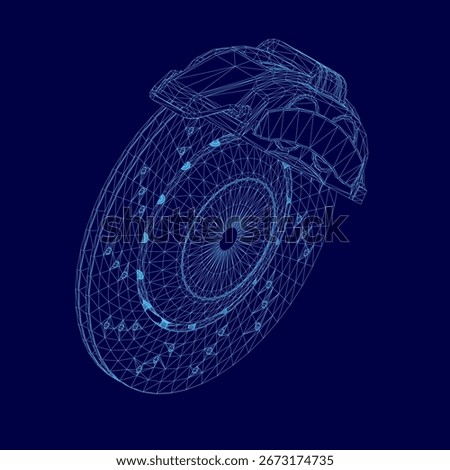 Blueprint of a brake disc wireframe in vibrant blue against a matching background, featuring precise contours, mechanical design, and clean lines. The high-contrast illustration highlights intricate.