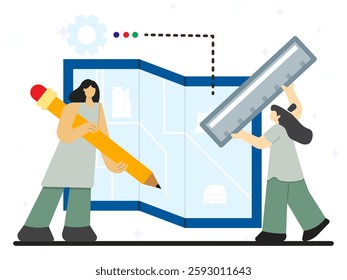 Blueprint building concept. Peoples using pencil and ruler to drawing sketch of urban city, house and factory.