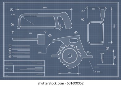 Blueprint building tool set. Drawing plan layout of industrial and home instrument for construction and repair