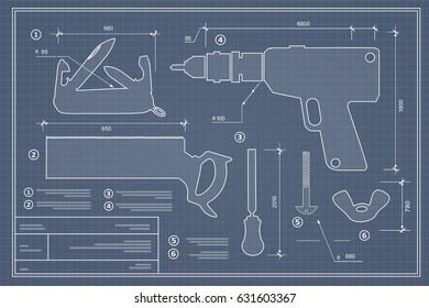 Blueprint building tool set. Drawing plan layout of industrial and home instrument for construction and repair