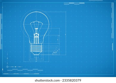 Blueprint of bulb lamp. Concept of design thinking, innovation, new creative idea, business solution, inspiration, new begining and brainstorming. Abstract technology background in blue color.