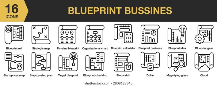 Blueprint Business icon set. Includes plans, diagrams, documents, project layouts, strategy sketches and More. Outline icons vector collection.