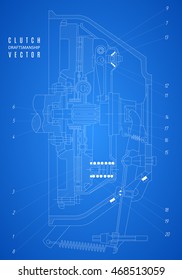 blueprint of the car clutch in lengthwise cut, technical drawing of the project on a blue background. stock vector illustration