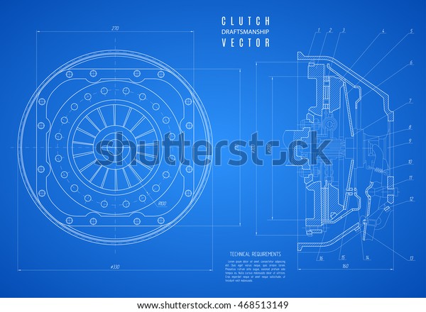 blueprint of the car clutch in lengthwise\
and transverse cut, technical drawing of the project on a blue\
background. stock vector\
illustration