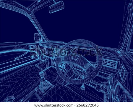 Blueprint of a car dashboard featuring a steering wheel, speedometer, and wireframe elements against a deep blue background. The design includes cargo truck details with precise technical lines.