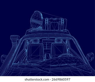 Planta de um explorador de carros com um design detalhado de wireframe em um fundo azul, mostrando o layout interior, incluindo assentos, painel de controle e elementos estruturais.
