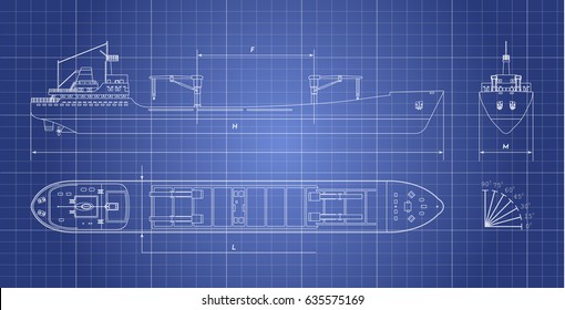 Blueprint of cargo ship on a white background. Top, side and front view. Container transport. Vector illustration