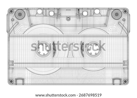 Blueprint cassette tape 3D model on white background features intricate ridges, grooves, ports, and connectors. Realistic wireframe rendering provides a detailed and lifelike appearance.