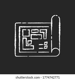 Blueprint chalk white icon on black background. Architect floor plan. Technical paper for building. Schematic draft and development presentation. Isolated vector chalkboard illustration