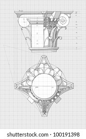 Blueprint - chapiter- hand draw sketch composite architectural order based "The Five Orders of Architecture" is a book on architecture by Giacomo Barozzi da Vignola from 1593. Vector illustration.