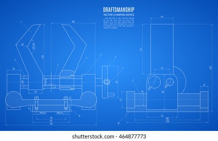 blueprint of the clamping device, technical drawing, technical drawing of the project on a blue background. stock vector illustration