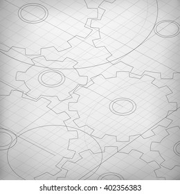 Blueprint of cogwheels. Engineer and architect background. Technology abstract background. Monochrome background