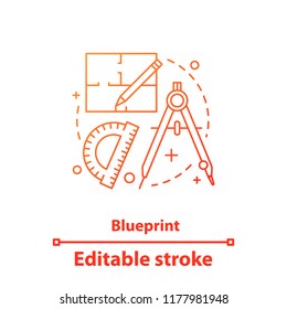 Blueprint concept icon. Flat plan design idea thin line illustration. Drafting. Vector isolated outline drawing. Editable stroke