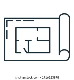 Blueprint construction building house icon, concept engineering drawing plan flat line vector illustration, isolated on white. Technical arrangement tool.