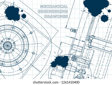 Blueprint. Cover, flyer, banner, background. Instrument-making drawings. Mechanical engineering drawing Technical illustrations backgrounds Scheme Blue Ink Blots