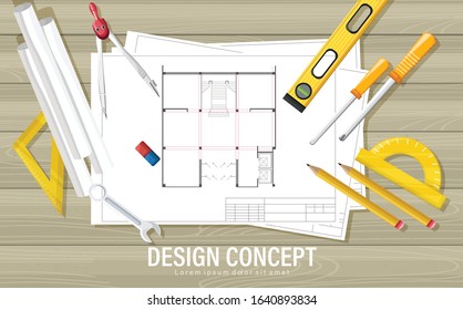 Blueprint design concept with architect tools on wooden table