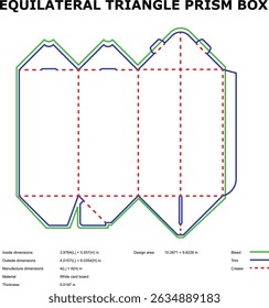 Blueprint design of an equilateral triangle prism box with bleed trim and crease lines