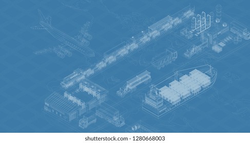 Blueprint design of vector image showing various types of delivery transport and logistics 