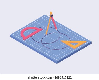 blueprint desk table architecture isometric icon with modern flat style color
